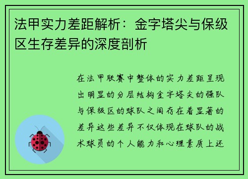 法甲实力差距解析：金字塔尖与保级区生存差异的深度剖析