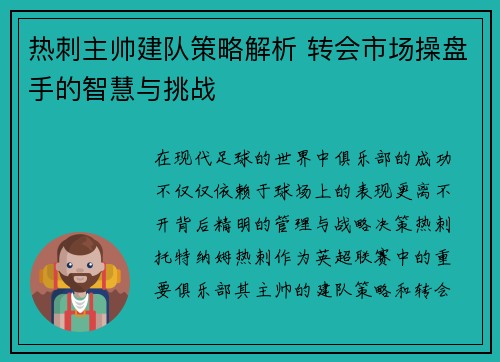 热刺主帅建队策略解析 转会市场操盘手的智慧与挑战