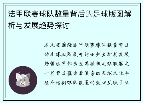 法甲联赛球队数量背后的足球版图解析与发展趋势探讨